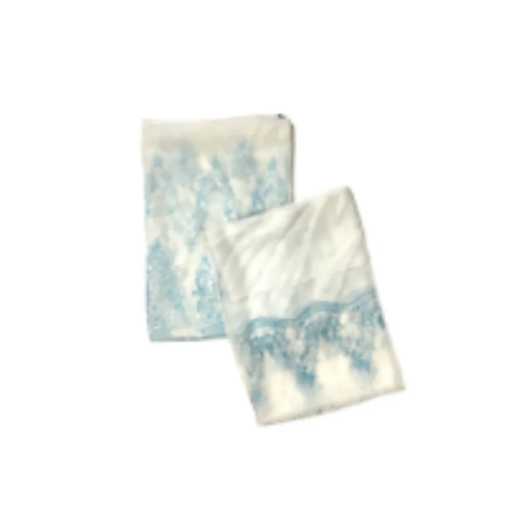 2 Vintage Sheer Blue and White Curtains Retro Pattern Print Drapes Panels Long